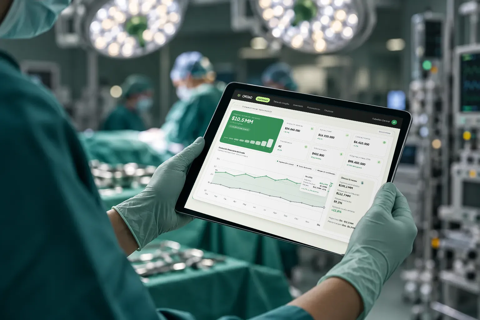 Enfermera revisando el dashboard de OR360 en una tablet dentro de un pabellón